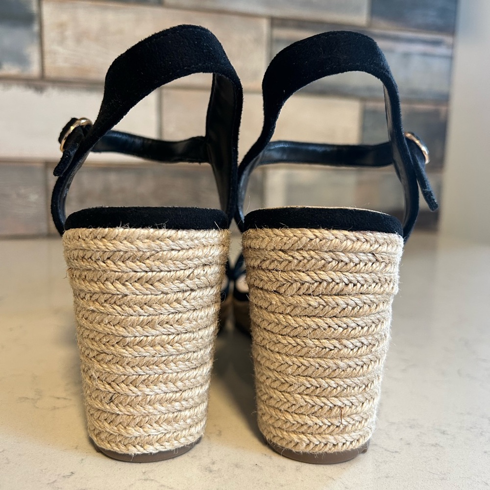 NWOT Platform Wedge Espadrille Black Faux Suede Open Toe Sandals - Picture 12 of 16